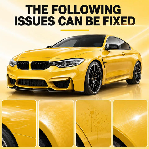 Smooth Ride No Sweat Auto Scratch Remover Paste With Bonus Detailing Sponge on a yellow car fixing deep scratches and swirl marks.