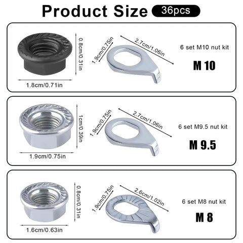 Image showing detailed sizes of M8, M9.5, M10 nuts and safety washers in Bike Axle Nuts And Safety Washers Kit for MTB city road bikes.