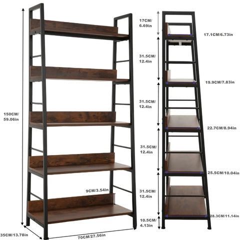 Solid Five Tier Industrial Ladder Bookshelf In Rustic Brown, Steel Frame Leaning Rack For Plants And Daily Gear, dimensions and design details