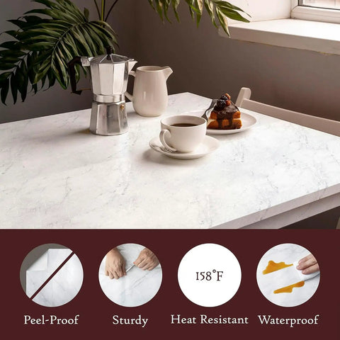 Marble Look Premium Peel And Stick Contact Paper Vinyl on table with coffee, highlighting waterproof feature.