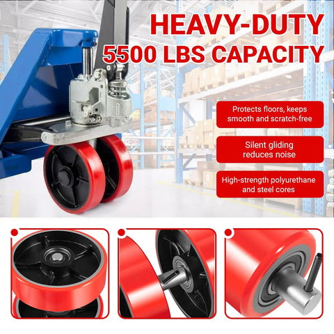 Heavy Duty Pallet Jack Wheel Replacement Kit with dual 7x2 steering wheels, polyurethane for 5500 lb capacity