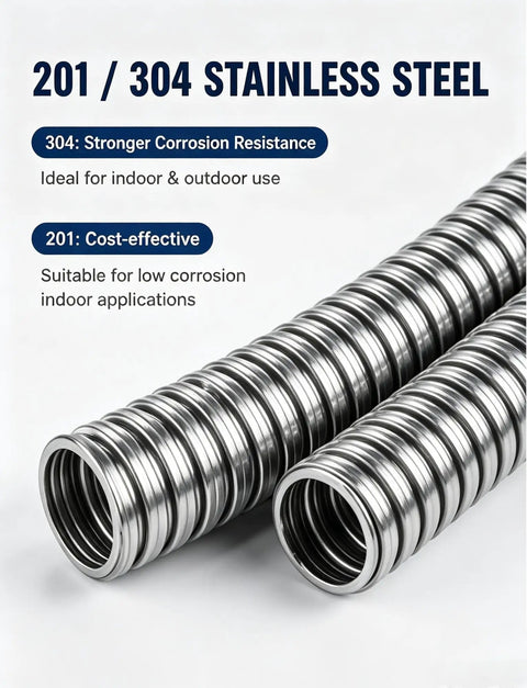 Tough As Nails 304 Stainless Steel Flexible Metal Conduit With Kickass Corrugated Cable Protection Sleeve For Heavy Duty Wire Routing And Power Wiring Projects, showing 201 and 304 stainless steel tubing.