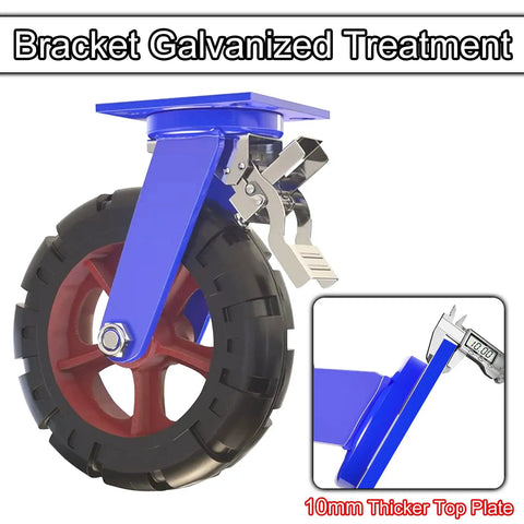 Hella Tough Heavy Duty Swivel Caster Wheels With Dual Locking Brakes And Solid Rubber Tires Set Of Four showing blue swivel caster with braking mechanism.