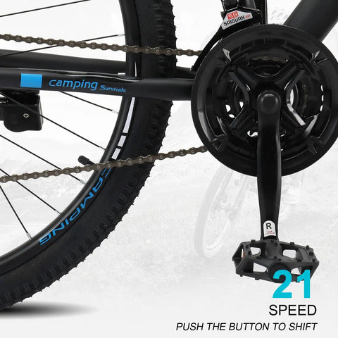 Close-up of 27.5 Inch Mountain Bike With Suspension Fork, Dual Disc Brakes, 21 Speed Shifting, pedal and gear system visible