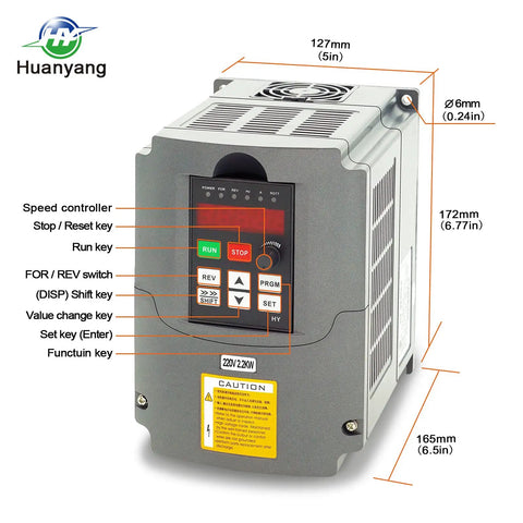 Single To 3 Phase Variable Frequency Drive For 2.2kW Motors 220V AC Input 10A 3HP VFD With RS485 Remote Potentiometer Speed Control Start Stop HY Series front view with dimensions.