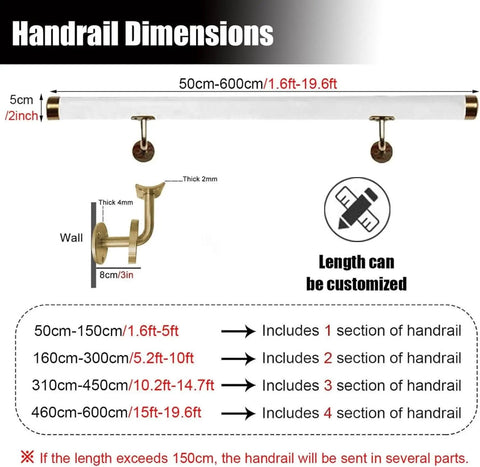 Handrail dimensions for Rock Solid Clear Acrylic Stair Handrail With Gold Wall Brackets And Zero Slip Grip For Interior Steps Or Backyard Deck Foolproof Setup Heavy Duty Safety Rail.