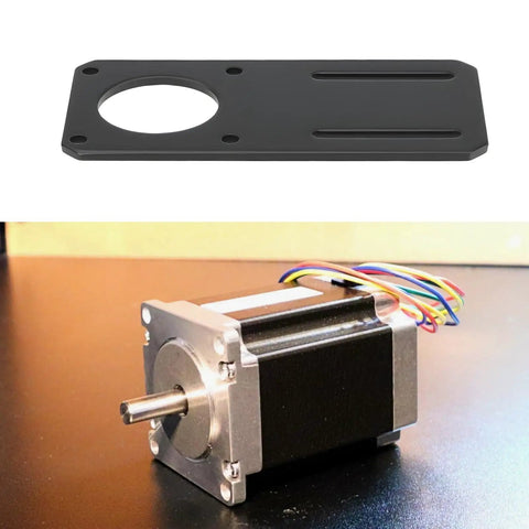 2 Pack NEMA 23 Stepper Motor Mounting Brackets 132x65mm Rock Solid Aluminum, Precise Alignment, 47mm Standard Hole Spacing, Heavy Duty Mounting Plates For DIY CNC And 3D Printer Projects, shown with stepper motor