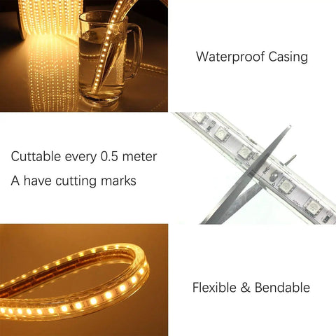 Plug And Play RGB LED Strip Lights 65.6 Ft Waterproof Flexible Rope Light With Dimmable Color Changes And 24 Key Remote features