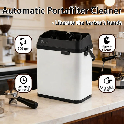No Sweat Coffee Game Changer Electric Portafilter Cleaner With Knock Box For Home Or Cafe Includes Two 58 Millimeter Scrapers Plus White Cleaning Brush Head on counter.