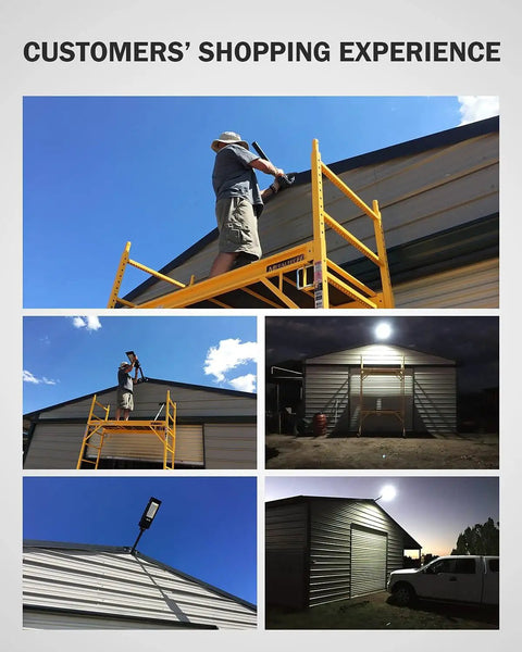 Customer installing 2 Pack 800W Solar Street Lights Outdoor With 60000LM Motion Sensor LED Flood Lights on building