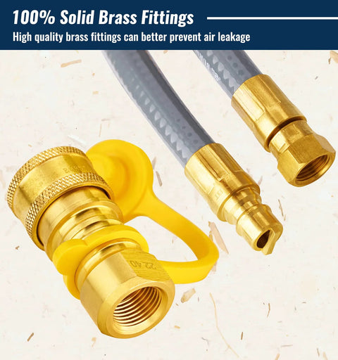 Front view of 15 ft natural gas grill hose, 3/8 in ID, brass quick-connect fittings with yellow cap.