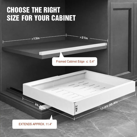 4 Pack White Pull Out Cabinet Organizers 21 Inch Deep Adjustable Width showcasing size chart for cabinet compatibility