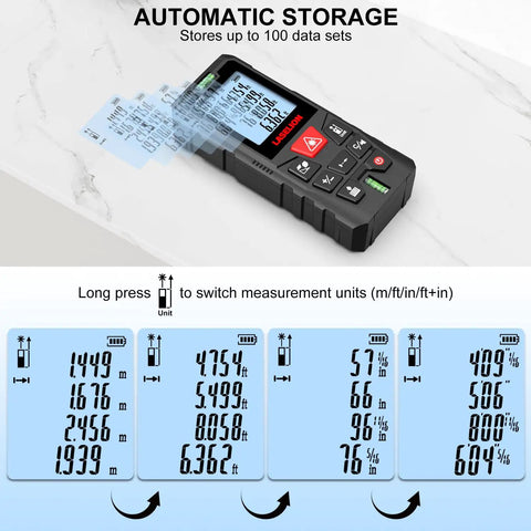 Heavy Duty Laser Measure Tool With Dead On Precision And 229 Foot Range showing LCD display with measurement data sets stored.