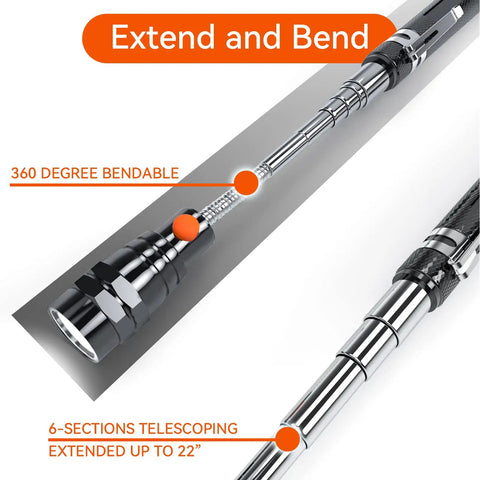Magnetic Pickup Tool With Telescoping Flashlight And Extendable Magnet Stick Three Bright LED Lights For Tight Corners