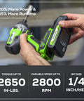 Hands holding 24V Brushless Cordless Impact Driver Kit with 2650 Inch Pounds Torque, USB power bank battery visible