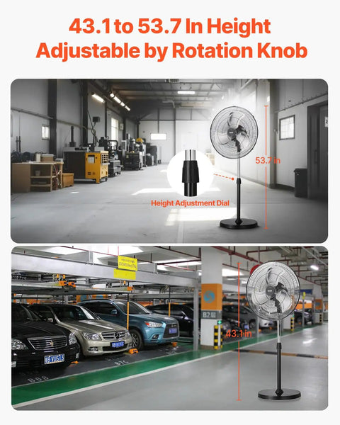 Boss Level Airflow Pedestal Floor Fan in garage and workshop showing height adjustable stand at 43.1-53.7 inches