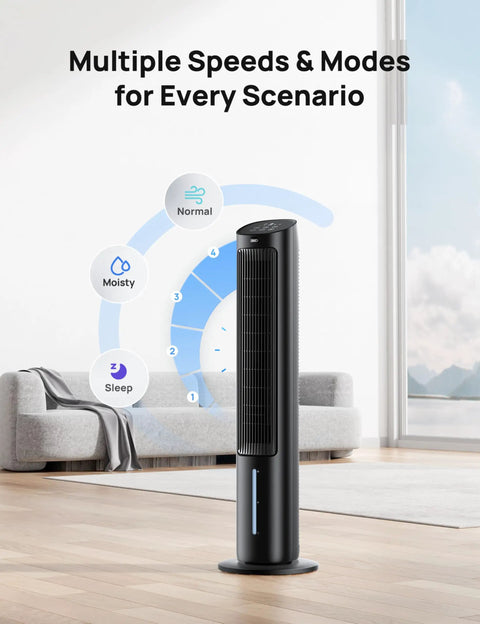 Portable AC Tower Fan For Home Or Office, 40-Inch Evaporative Cooler with speed modes in living room