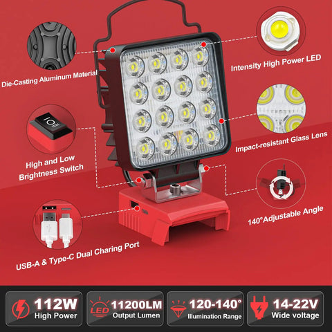 Go To Cordless LED Work Light Flood Beam 3800 Lumen, 38W, 18V Battery Powered with features highlighted