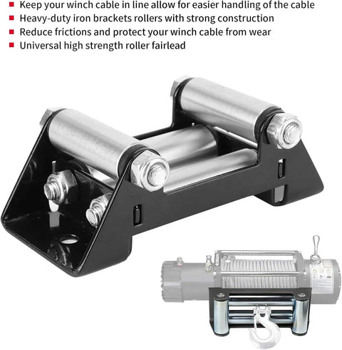 5 Inch Winch Roller Fairlead Heavy Duty Universal Fit With 125mm Hole Distance Zinc Coated Cable Guide shown with winch setup.