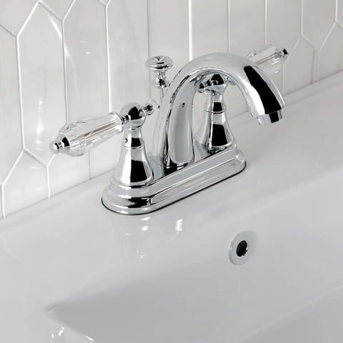 4 Inch Centerset Bathroom Faucet In Polished Chrome With Drip Free Ceramic Cartridge Crystal Lever Handle 1.2 GPM At 60 PSI Brass Construction Modern Classic Look For Your Bath mounted on sink