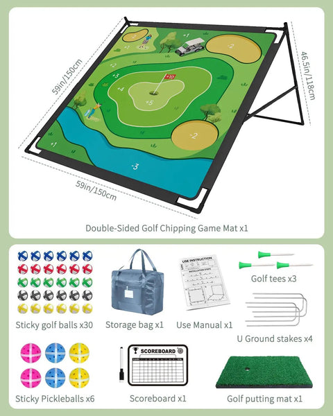Double-sided Golf Chipping Game Mat with sticky balls, storage bag, and accessories, 59x59 inches, displayed on stand.