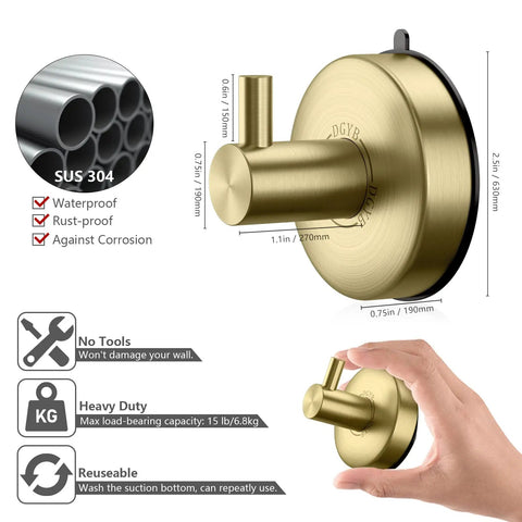Set of 4 Brushed Gold Suction Cup Shower Hooks, 15 Lb Capacity, SUS 304 Stainless Steel Towel Hook features and dimensions