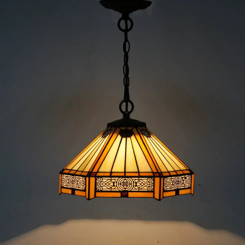 Tiffany Style Yellow Hexagon Pendant Light Fixture With Stained Glass, 12 Inch Wide Shade, Mission Hanging Lamp