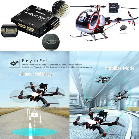 Ultra Compact Mini Pix Flight Controller V1.2 With M8N TS100 GPS Module shown with FPV racing drones and helis illustration