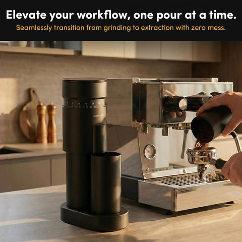 Premium Conical Burr Electric Coffee Grinder With Stepless Adjustment For Smooth Espresso Or Pour Over Brews on countertop with ground coffee.