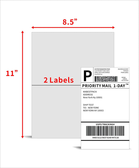 Top Shelf Half Sheet Shipping Labels For Laser And Inkjet Printers With Grip Tight Self Adhesive Backing Straight Up Quality For Mailing Envelopes And Boxes On White Matte Paper Size 8.5 By 5.5 With Two Labels Per Page In A Snappy 200 Count Pack, showing 2 labels on an 8.5 x 11 inch sheet.
