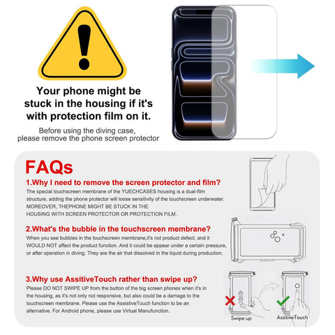 Warning sign and FAQs about using Gen 5 Diving Phone Case For 6.9 Inch Phones With Full Touchscreen Underwater Housing IPX8 Waterproof.