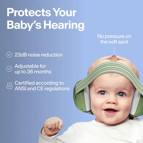 Top Rated Baby Noise Blocking Ear Muffs Deliver Solid Toddler Hearing Protection From Any Crowded Ruckus And Keep Those Little Ears Cozy So They Can Catch Sweet Snoozes Without Breaking A Sweat, shown on baby with adjustable headband.