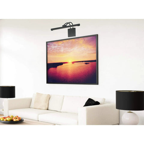 Hardwired 17 Inch LED Picture Light Dimmable Matte Black 3000K With 794 Lumens illuminating wall art above a white couch