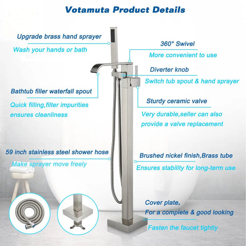 Freestanding Bathtub Faucet Floor Mount Tub Filler Brushed Nickel Brass Mixer Tap Waterfall Spout With Hand Shower 360 Degree Swivel And Single Handle product details