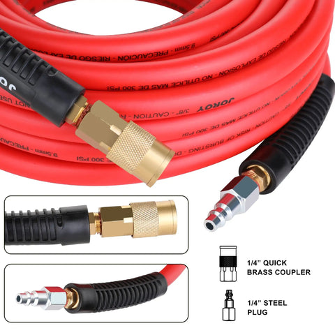 Hybrid Air Hose 3/8 Inch by 100 Feet For Air Compressors, Heavy Duty and Lightweight, showing 1/4 inch brass coupler and plug