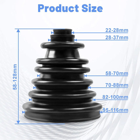 Split Type CV Boot Kit Fits 22mm To 28mm Shaft, 128mm Height, product size diagram with measurements