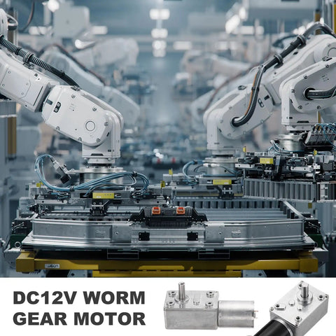 Heavy Duty DC Six Volt Worm Gear Motor Providing Ninety Rpm Low Speed And Beefy High Torque Via Fourteen Millimeter D Shaft with robotic arms in assembly line.