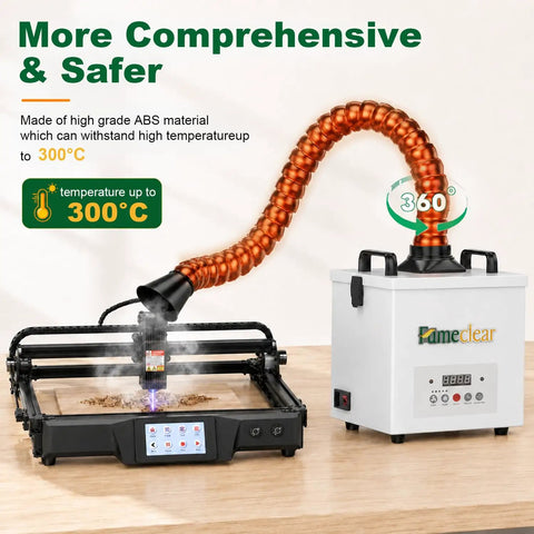 FC-100A Fume Extractor with Remote Control and 3 Stage Filtration System connected to machine on wooden table