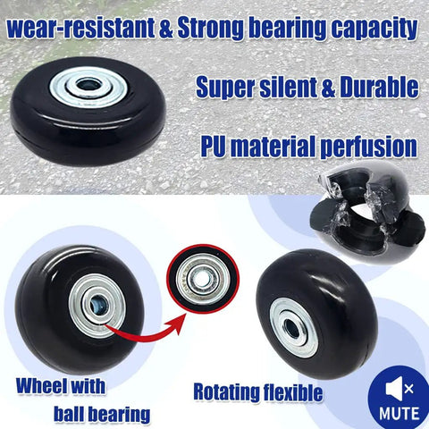 Top Shelf Smooth Roll Replacement Wheels For Suitcases And Travel Cases Featuring Silent Swivel Casters With Secure Axles and No Fuss Travel Upgrade Hardware Gear, black PU wheels with bearings.
