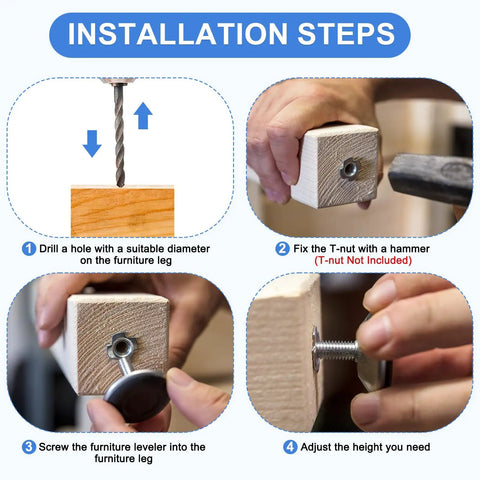 Installation steps for 16 Pack One Quarter Inch Thread Furniture Feet Levelers With Adjustable Glide Base for tables