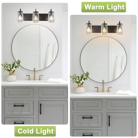 Mason Jar Vanity Glass Wall Lights Black Wall Sconce For Bathroom Farmhouse Decor in warm and cold light settings over vanity