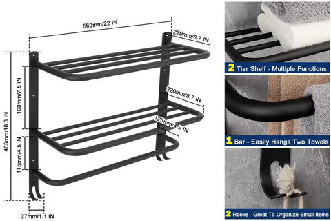 Foldable Double Towel Rack With Towel Bar And 5 Hooks Space Aluminum Wall Mount Shelf For Bathroom And Kitchen No Drill Easy Install 23 Inch Chrome Finish Durable And Space Saving Design, shown with tiered shelf, towel bar, and hooks