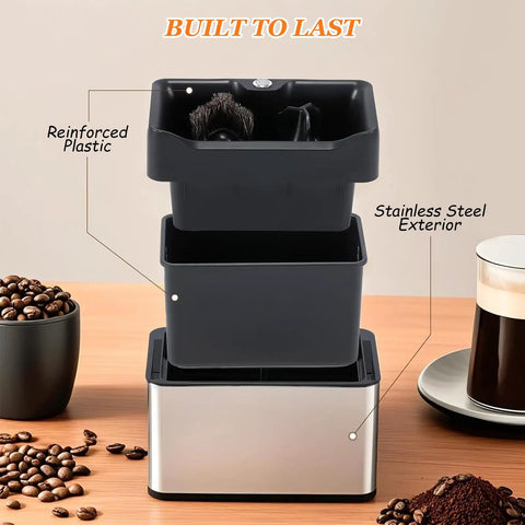 Effortless Electric Espresso Knock Box And Automatic Portafilter Cleaner That Smoothly Sweeps Gritty Coffee Pucks, featuring black reinforced plastic and stainless steel.
