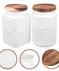 Top Shelf Durable 1800Ml Glass Storage Jars With Hella Tight Airtight Wooden Lids Vintage White Matte Tea Canisters And Coffee Bean Holders For Crisp Snacks And Kitchen Setup Vibes, paired jars with wooden lids, textured white glass.