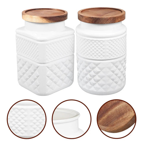 Top Shelf Durable 1800Ml Glass Storage Jars With Hella Tight Airtight Wooden Lids Vintage White Matte Tea Canisters And Coffee Bean Holders For Crisp Snacks And Kitchen Setup Vibes, paired jars with wooden lids, textured white glass.