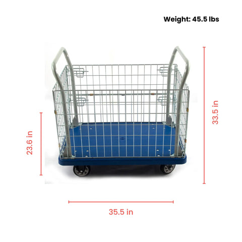 Heavy Duty Platform Truck Cart With Three Sided Steel Fence And 660 Pound Capacity Measures 23 By 35 Inches, blue polypropylene deck, and five inch wheels.