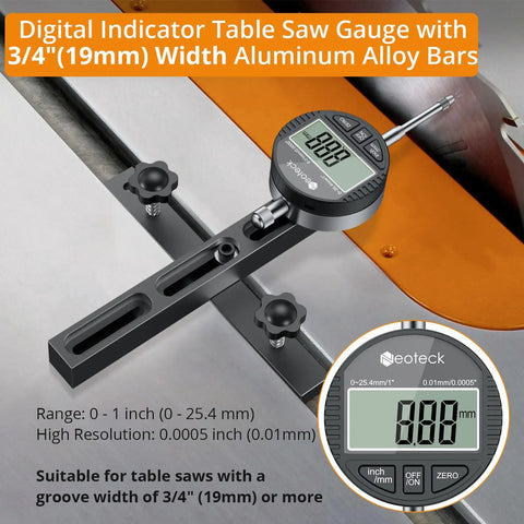 Digital Dial Indicator Gauge for Table Saws 0-1 Inch demonstrates blade runout calibration on table saw, showing digital display.