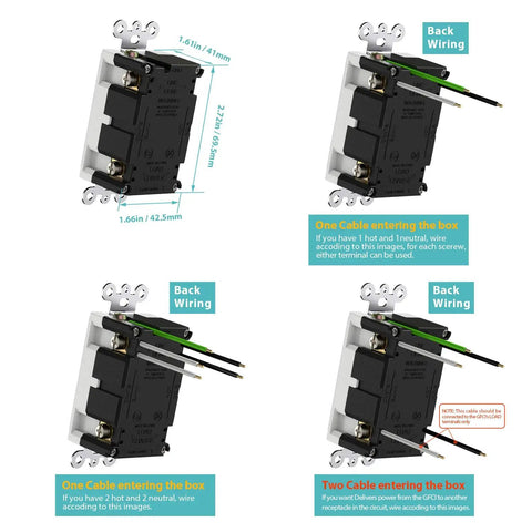 Back wiring details of Self Test GFCI Outlet 15 Amp 125 Volt Weather Resistant Tamper Resistant Receptacle With LED Indicator
