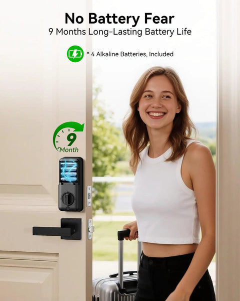 Keyless Entry Door Lock With Handle Set And Fingerprint Smart Deadbolt Featuring Touchscreen Keypad Apps and Fob Cards for Smooth Home Access.