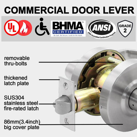 Heavy Duty Storeroom Door Lock Handle With Two And Three Quarter Backset UL 3 Hour Fire Rated ADA Compliant Satin Chrome